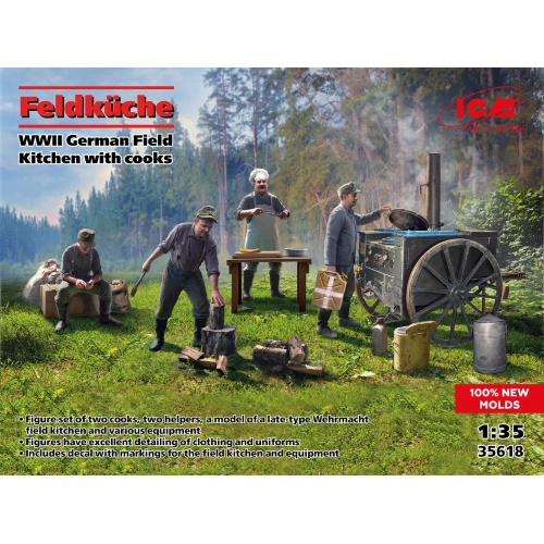 FELDKUCKE WWII GERMAN FIELD KITCHEN WITH COOKS KIT 1:35 ICM Kit Figure Militari Modellino