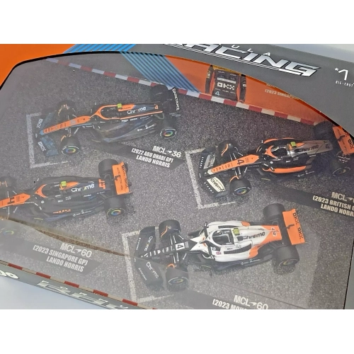 SET MC LAREN LANDO NORRIS ABU DHABI 2022-BRITAIN-SINGAPORE-MONACO 2023 1:43 Burago Formula 1 Modellino