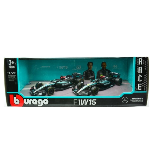 SET MERCEDES F1W15 2024 N.63 GEORGE RUSSELL + N.44 LEWIS HAMILTON 1:43 Burago Formula 1 Modellino