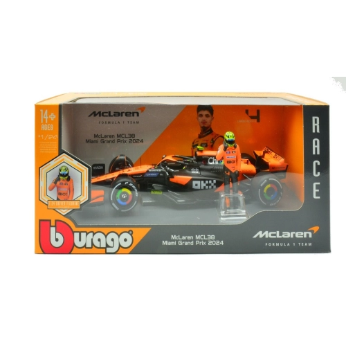 MC LAREN MCL38 N.4 LANDO NORRIS 2024 WITH FIGURE 1:24 Burago Formula 1 Modellino