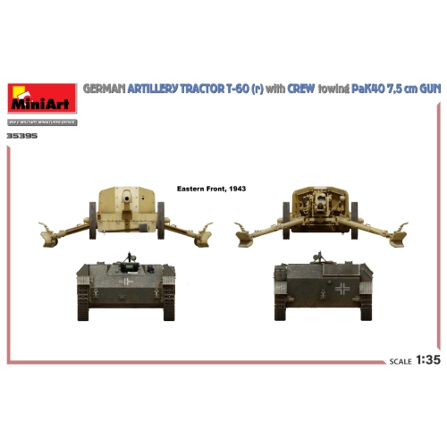 GERMAN ARTILLERY TRACTOR T-60 (r) W/PAK40 GUN & CREW KIT 1:35 Miniart Kit Mezzi Militari Modellino