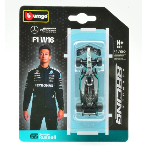 MERCEDES AMG W16 N.63 2025 GEORGE RUSSELL BLISTER 1:64 Burago Formula 1 Modellino