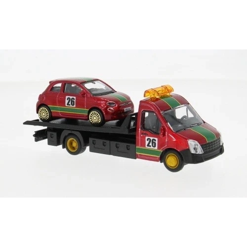 FIAT 500E N.26 FLATBED TRANSPORTER RED 1:43 Burago Auto Stradali Modellino